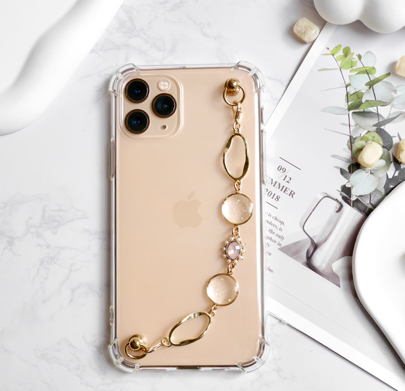 キーリングハンガー　スマホケース　iPhoneケース　ストラップ　全機種　スマホチェーン　ゴールド　ピンク 2枚目の画像