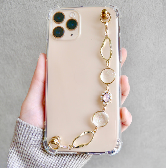 キーリングハンガー　スマホケース　iPhoneケース　ストラップ　全機種　スマホチェーン　ゴールド　ピンク 1枚目の画像