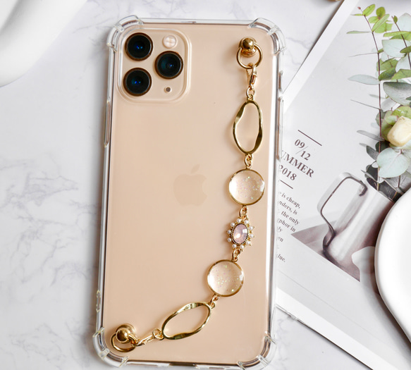 キーリングハンガー　スマホケース　iPhoneケース　ストラップ　全機種　スマホチェーン　ゴールド　ピンク 3枚目の画像