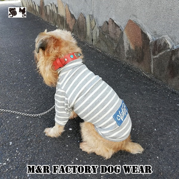 犬服オリジナル　【Vintage】デニムワッペン・袖付ボーダー犬服2402　#ボストンテリア #フレンチブルドッグ 1枚目の画像