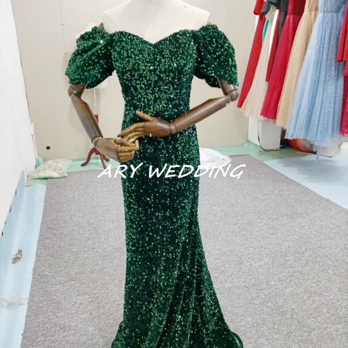 高品質！深めな緑 ボートネック パーティードレス マーメイドライン 細  