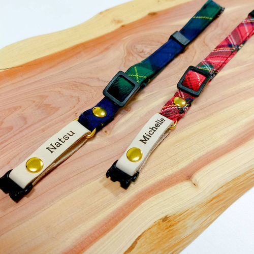 迷子札付き 本革×コットン首輪 猫の首輪 犬 首輪 チョーカー リード