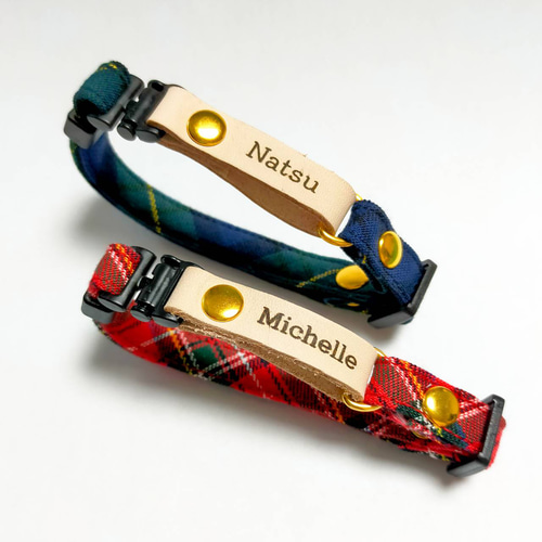 100%コットン 首輪 チョーカー リード 迷子札 迷子札付き 本革×コットン首輪 猫の首輪 犬 首輪 チョーカー リード