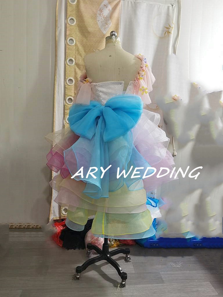 高品質！レインボーカラードレス 虹色 オフショル フィッシュテール お呼ばれ/2次会 謝恩会/ ショートインロング