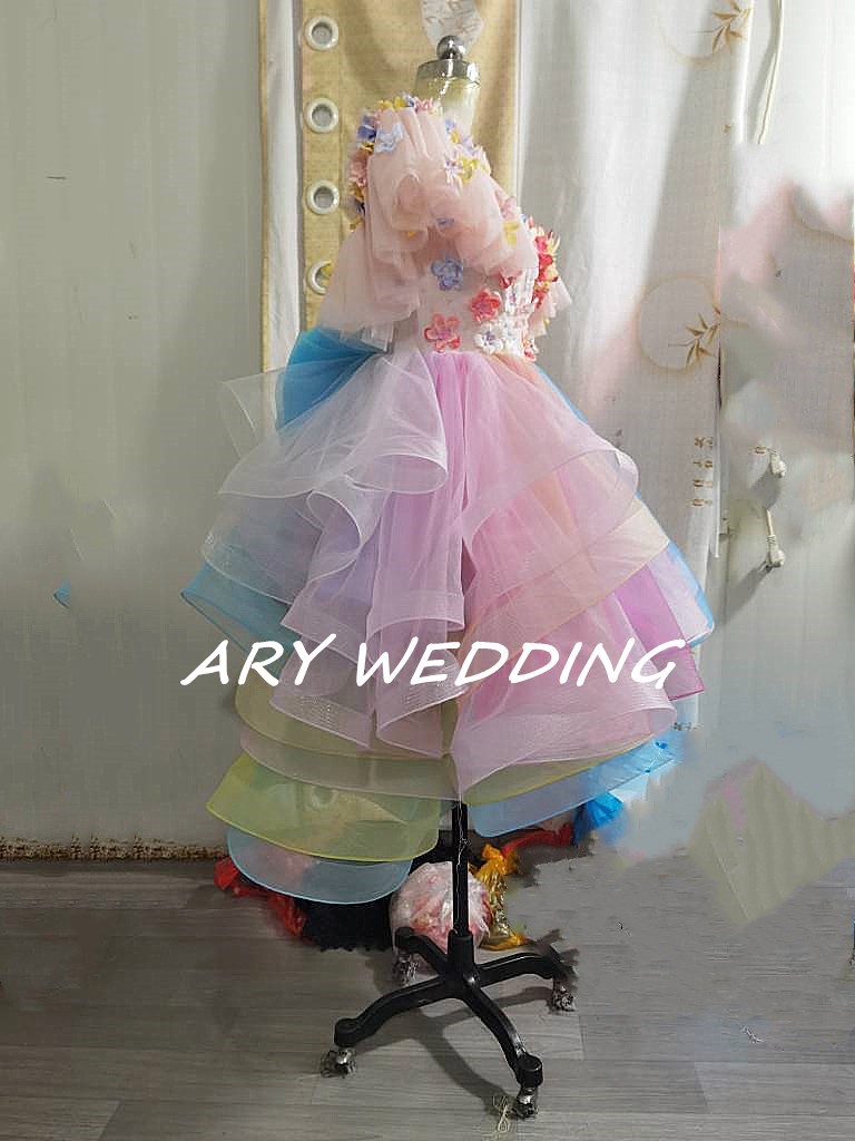 高品質！レインボーカラードレス 虹色 オフショル フィッシュテール お呼ばれ/2次会 謝恩会/ ショートインロング