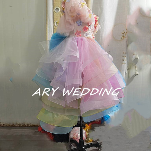 高品質！レインボーカラードレス 虹色 オフショル フィッシュテール  