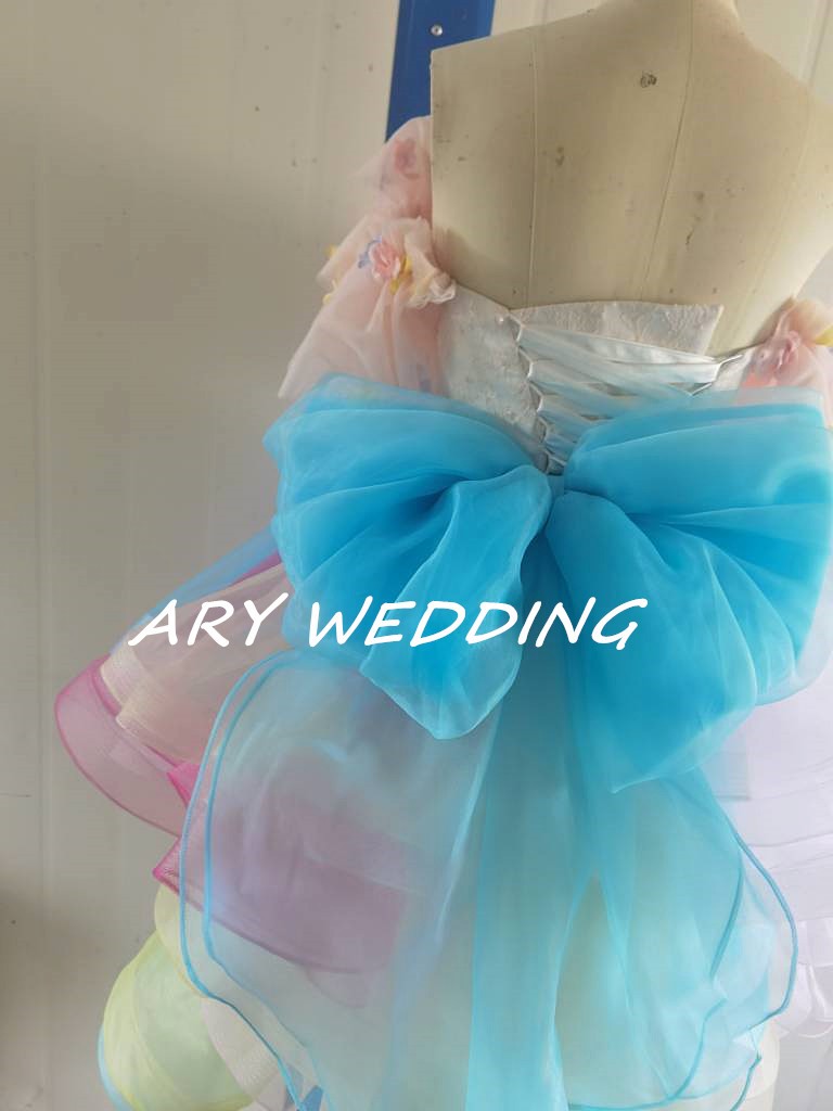 高品質！レインボーカラードレス 虹色 オフショル フィッシュテール お呼ばれ/2次会 謝恩会/ ショートインロング