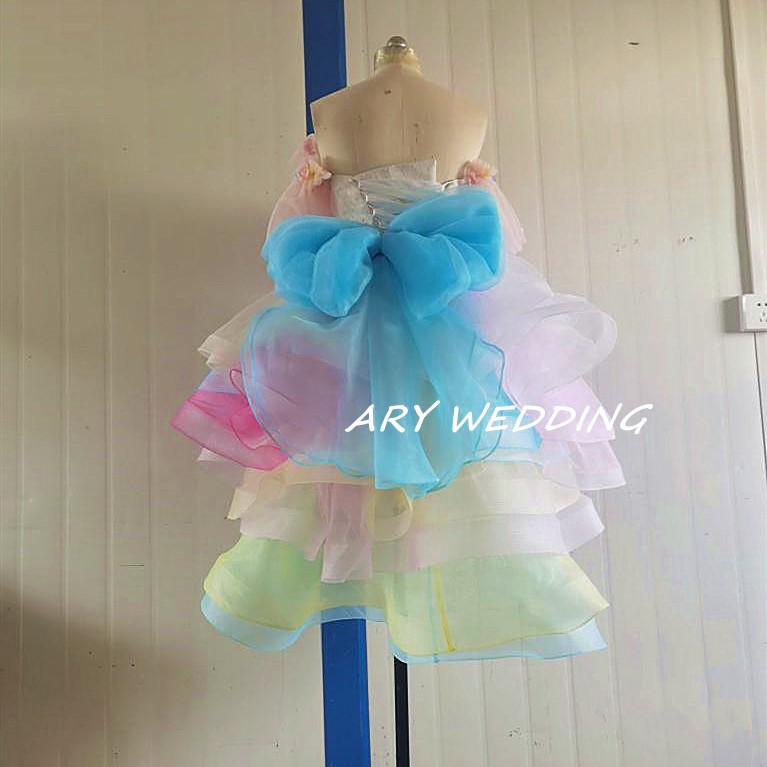 高品質！レインボーカラードレス 虹色 オフショル フィッシュテール お呼ばれ/2次会 謝恩会/ ショートインロング