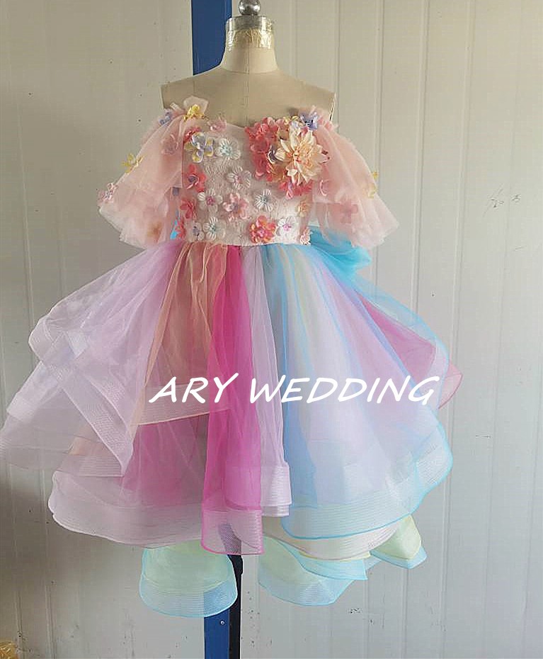 高品質！レインボーカラードレス 虹色 オフショル フィッシュテール お呼ばれ/2次会 謝恩会/ ショートインロング