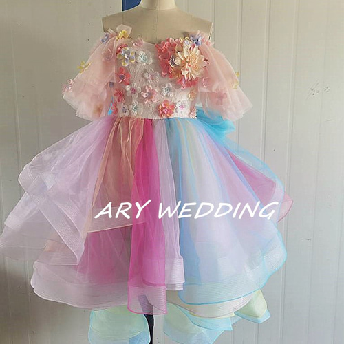 高品質！レインボーカラードレス 虹色 オフショル フィッシュテール  