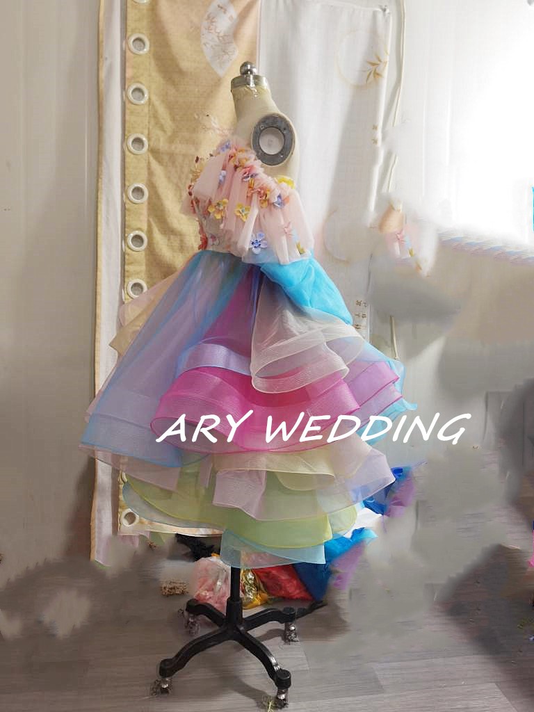 高品質！レインボーカラードレス 虹色 オフショル フィッシュテール お呼ばれ/2次会 謝恩会/ ショートインロング