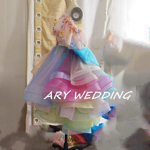 高品質！レインボーカラードレス 虹色 オフショル フィッシュテール  