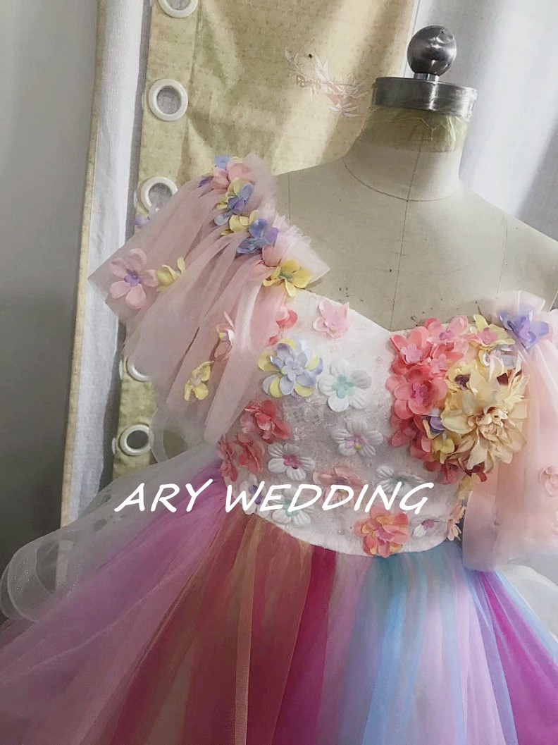 高品質！レインボーカラードレス 虹色 オフショル フィッシュテール お呼ばれ/2次会 謝恩会/ ショートインロング