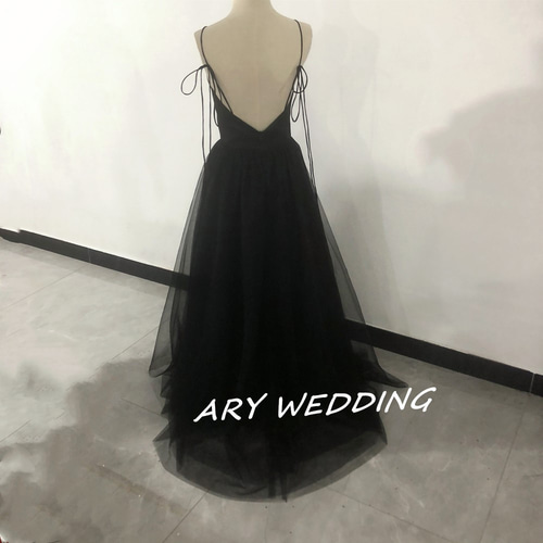 高品質！黒 キャミソール パーティードレス ソフトチュール 短トレーン  