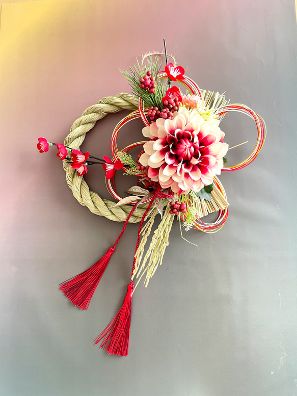 早割＊美麗ダリアと五重水引きで祝う新年のお正月しめ縄飾り しめ縄