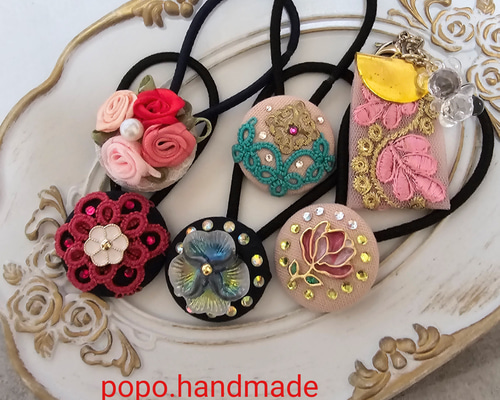くるみボタンのヘアゴム5点、インド刺繍キーホルダーset ヘアゴム popo