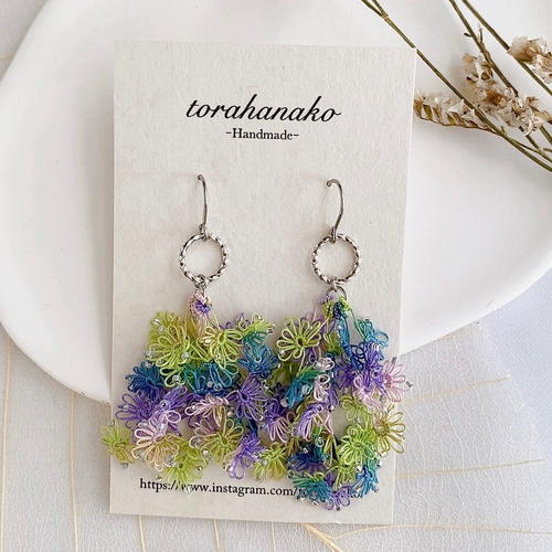 再販】淡色花束グラデ カラフルタティングレース ピアス イヤリング  