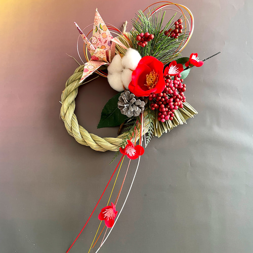早割＊綿花と赤椿鶴舞う新年を祝うお正月しめ縄飾り しめ縄・しめ飾り 