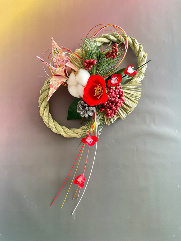 早割＊綿花と赤椿鶴舞う新年を祝うお正月ダブルしめ縄飾り しめ縄