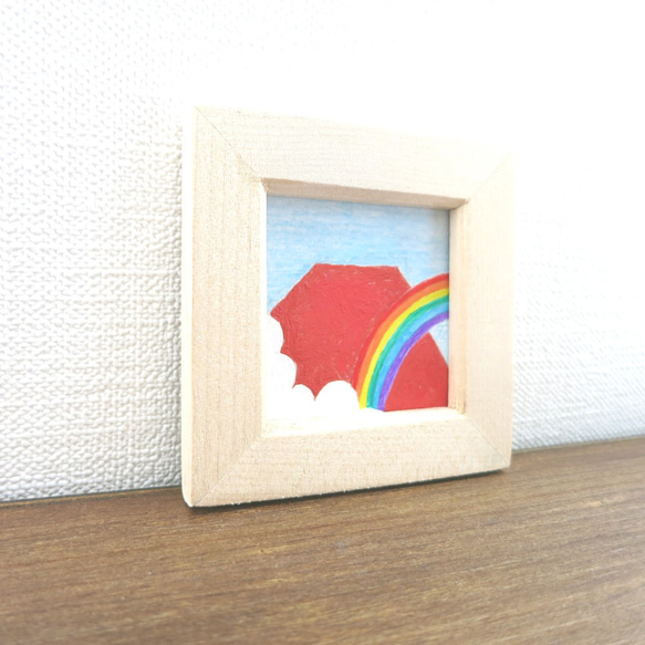 【日本画原画】赤富士と虹と雲　絵画　ミニ額付き　ミニアートパネル　インテリアアート　　 10枚目の画像