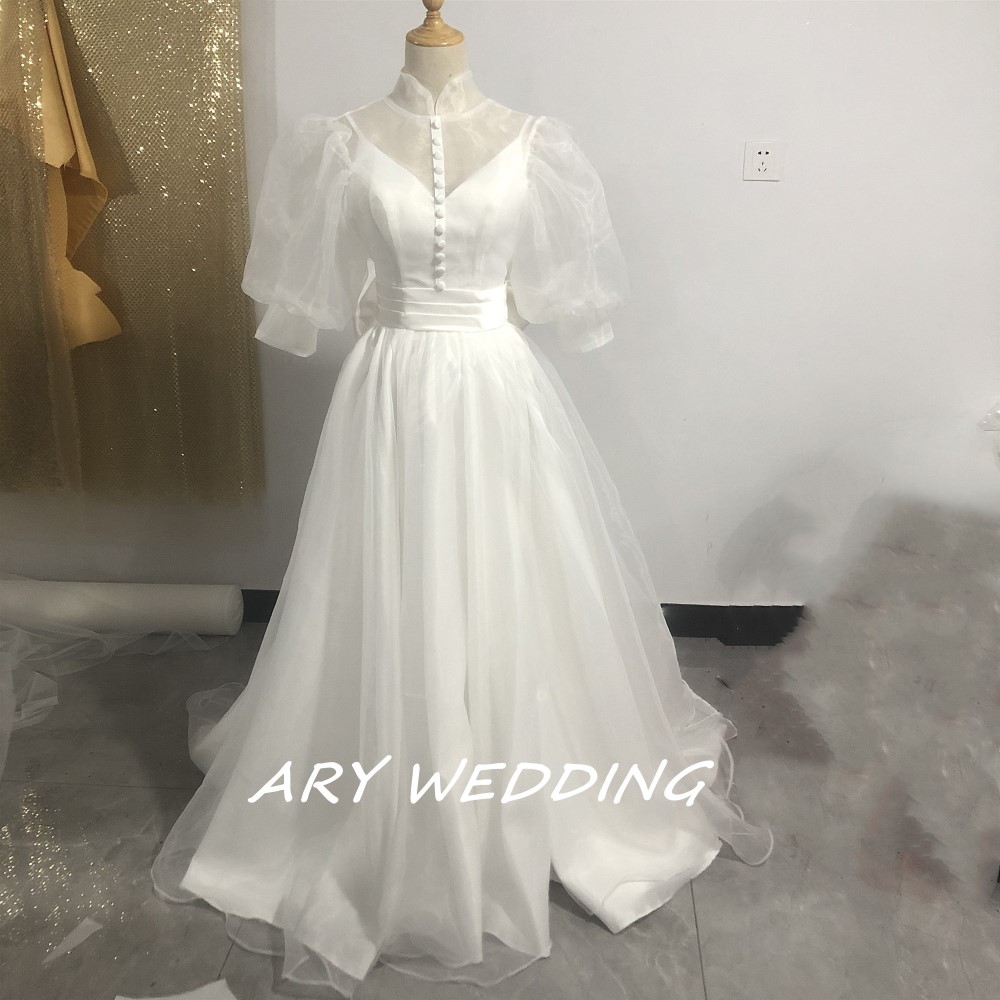 フランス風 パーティードレス オフホワイト パフスリーブ 上質オーガンジー プリンセスライン 挙式/2次会