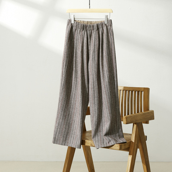 保暖舒適羊毛混紡條紋腰部吊帶褲有襯 231011-1 第3張的照片