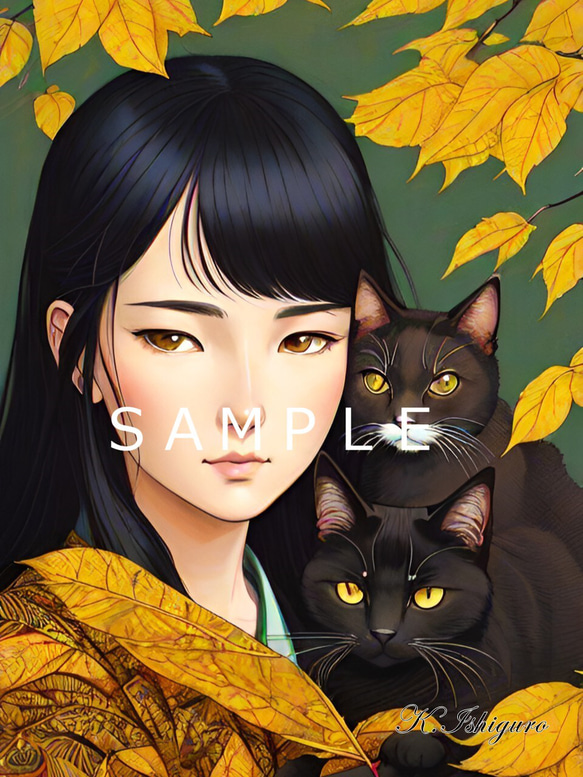 猫と女性と黄葉(オリジナルイラスト)A4額付き №s-3364 イラスト ...