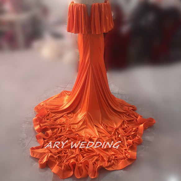優雅派對禮服橙色優雅剪影華麗火車婚宴餘興派對 第5張的照片