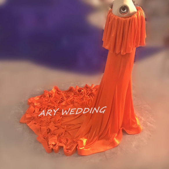 優雅派對禮服橙色優雅剪影華麗火車婚宴餘興派對 第2張的照片