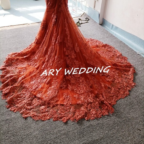 高品質！総レースウエディングドレス テラコッタ色 ボートネック 背中  