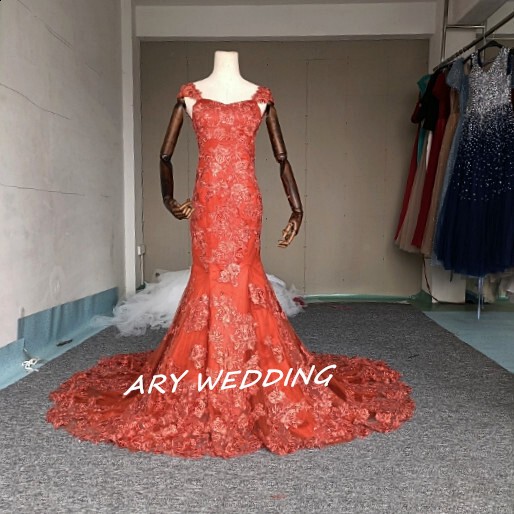 高品質！総レースウエディングドレス テラコッタ色  ボートネック 背中見せ 憧れのドレス 花嫁/前撮り