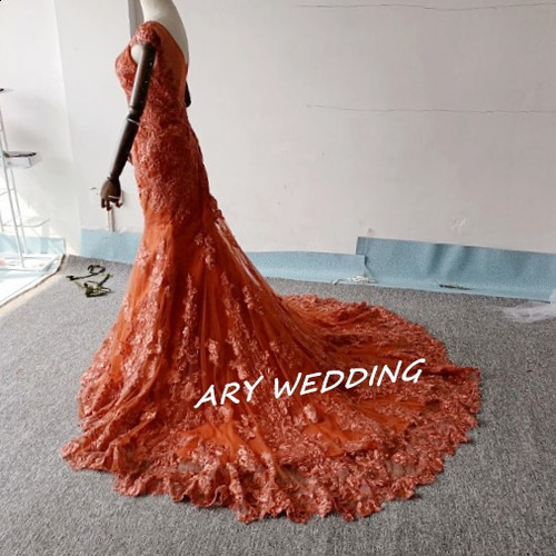 高品質！総レースウエディングドレス テラコッタ色 ボートネック 背中  