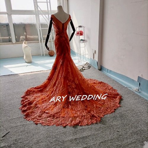 高品質！総レースウエディングドレス テラコッタ色 ボートネック 背中  