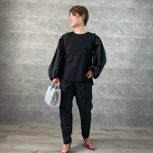 低身長S□異素材コンビ♡上品タックポワン袖カットソーブラウス