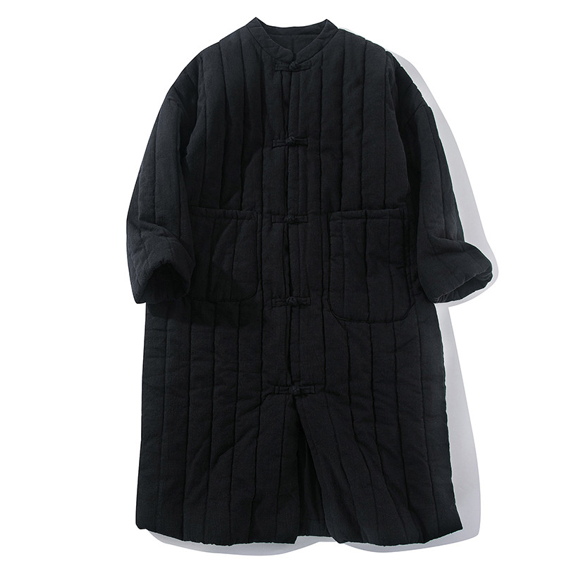 ロング中綿コート　綿麻中綿コート　暖かいコート　縦キルティング　ブラック　L275BL