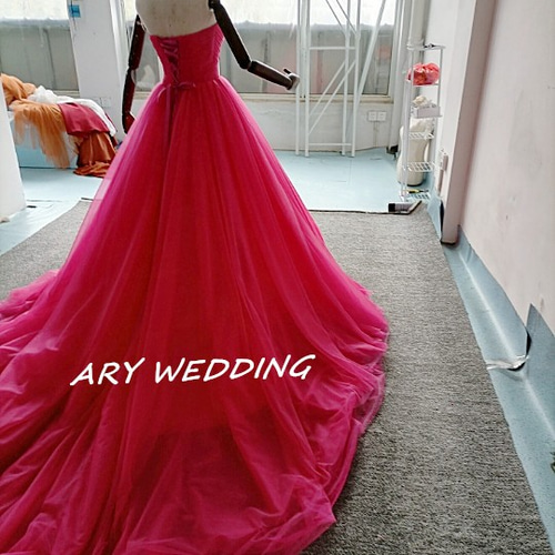 高品質！ビビッドピンク ベアトップ カラードレス プリンセスライン  