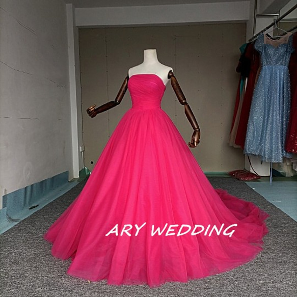 高品質！ビビッドピンク ベアトップ カラードレス プリンセスライン  