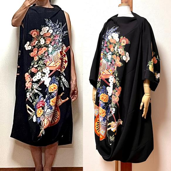 黒留アンサンブルドレープワンピース 着物リメイク ワンピース eterlna  