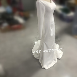 高品質！法式婚紗新娘/afterparty白色V領禮服長袖長裙 第3張的照片