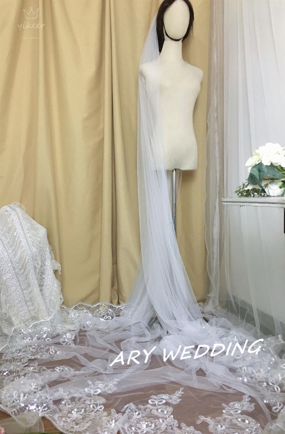 高品質！スパンコールレース ロングベール 花嫁/ウェディングドレス