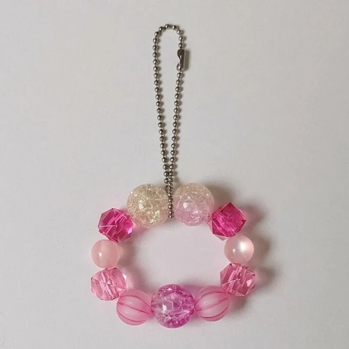 02］ピンク系ビーズストラップ beads strap キーホルダー 石