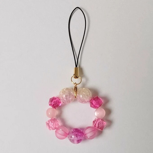 02］ピンク系ビーズストラップ beads strap キーホルダー 石