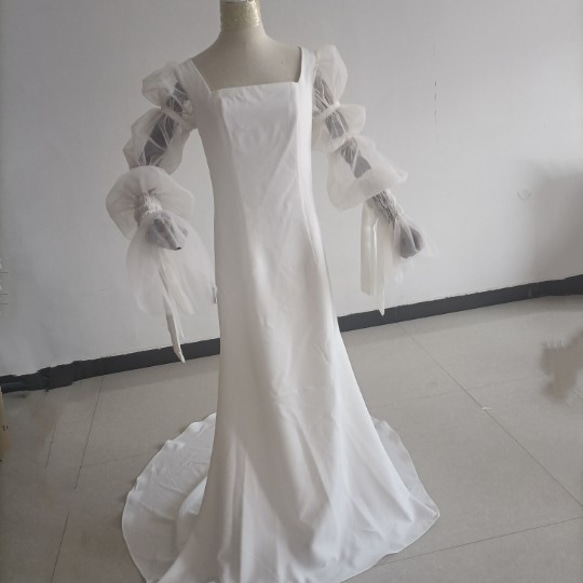 送料無料！フランス風 スクエアネック 姫袖 ウエディングドレス  