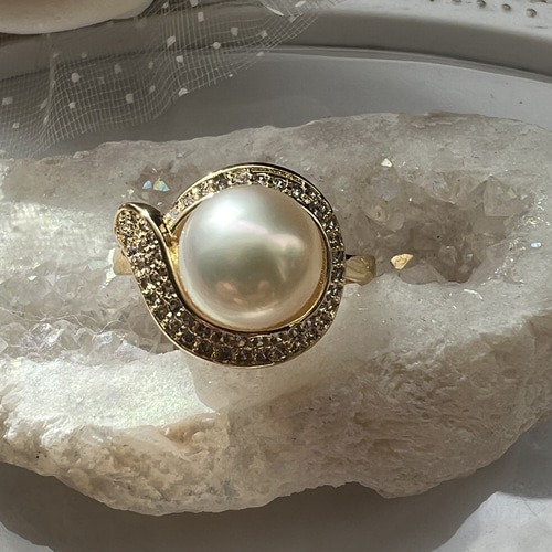 本真珠　南洋真珠　銅製K18GPジルコンストーン　フリーサイズ　リング　指輪