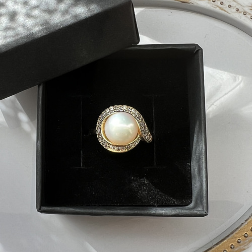 本真珠　南洋真珠　銅製K18GPジルコンストーン　フリーサイズ　リング　指輪