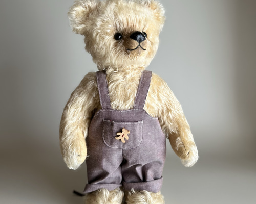 ぬいぐるみ、テディベア、くま、ハンドメイド、オリジナル、サロペット くま ぬいぐるみ クマのフカフカ サロペット 横縞レッド S