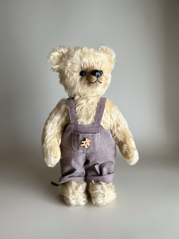 ぬいぐるみ、テディベア、くま、ハンドメイド、オリジナル、サロペット くま ぬいぐるみ クマのフカフカ サロペット 横縞レッド S