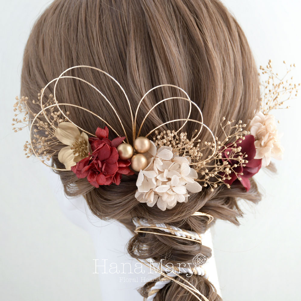 水引アレンジ　袴　紐アレンジ　水引きアレンジ　ドライフラワー　ドライ　水引き　卒業式　成人式 髪飾り ゴールド　赤　白