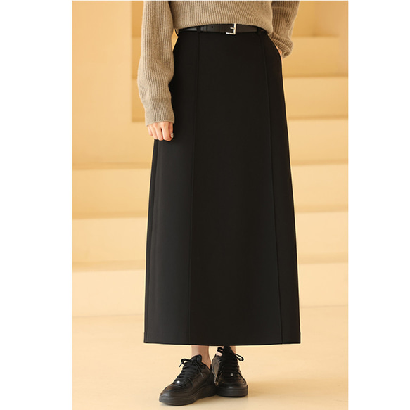 ロングスカート　立体縫い合わせライン　シンプルロングスカート　ブラック　S-XL #338　 13枚目の画像