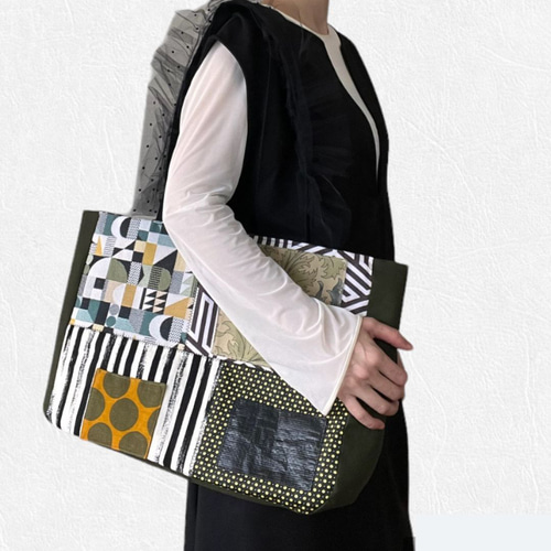 マチ付き パッチワークバッグ リバーシブル チュール 持ち手  